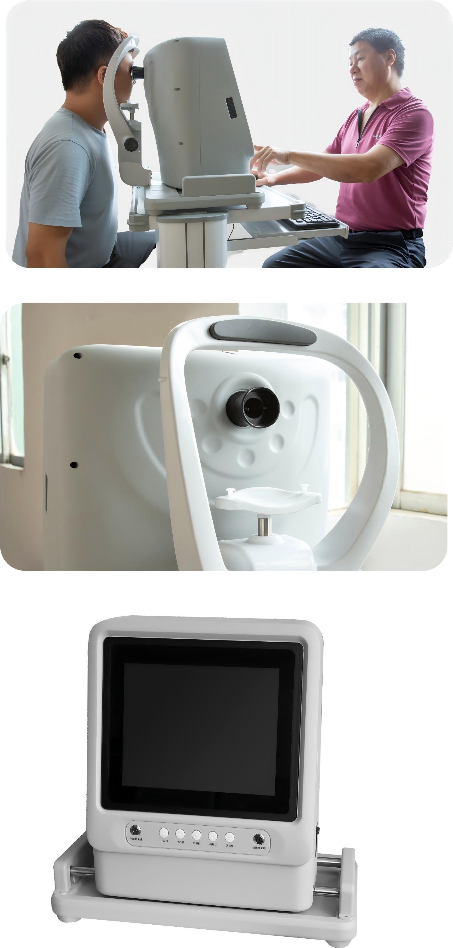 Professional iridology camera stand with adjustable height mechanism in clinical setting