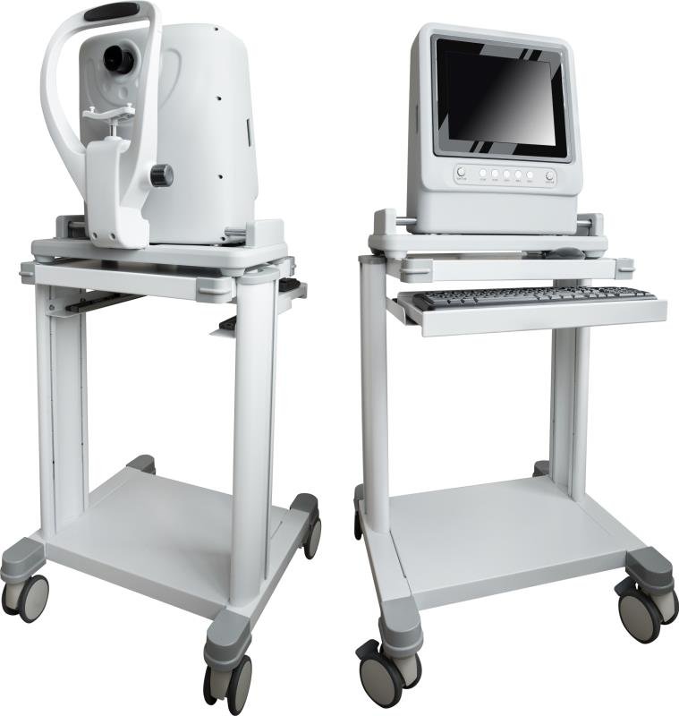 Professional iridology camera stand with adjustable height mechanism in clinical setting