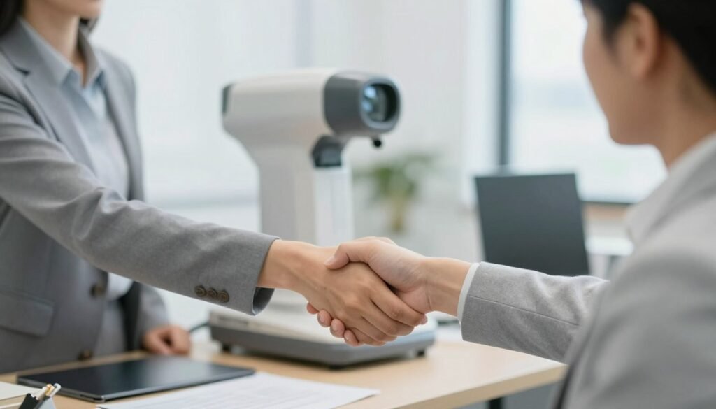 Business partners shaking hands with iridology equipment in background