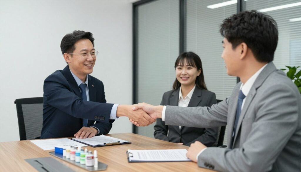 Business partnership meeting for iridology equipment distribution