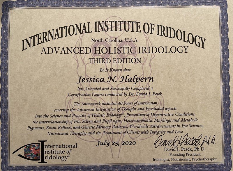 Certificate of completion for iridology training program