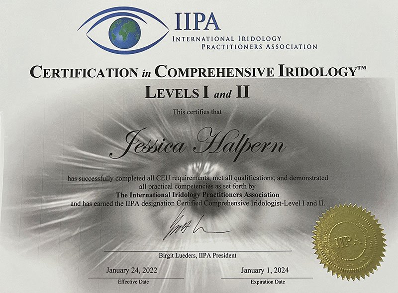 Certificate of completion for iridology training program