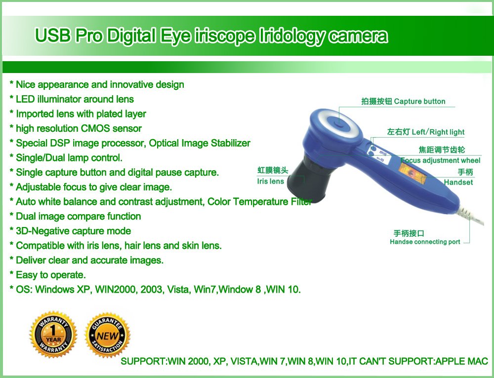 Professional USB iridology camera setup showing high-resolution iris imaging device connected to computer with analysis software display