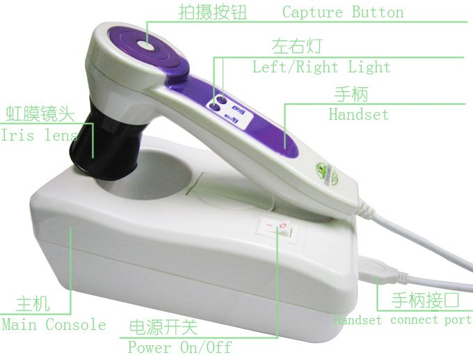 Pebble 8.2 iridology camera in use during patient examination