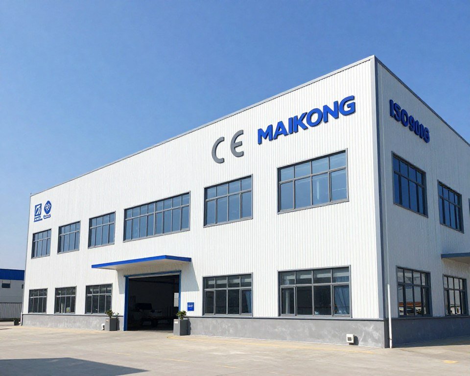 MAIKONG manufacturing facility exterior with CE and ISO certification badges