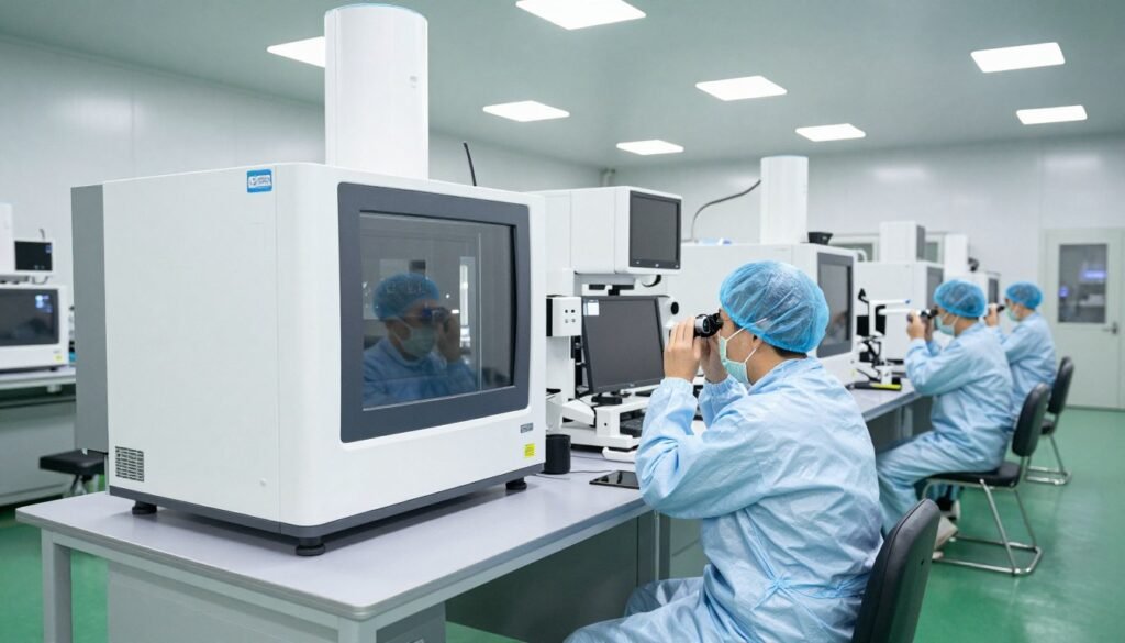MAIKONG manufacturing facility showing production line and quality control for iriscope devices