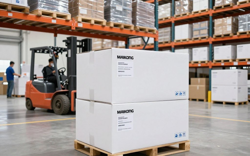 MAIKONG warehouse showing packaged iriscopes ready for international shipping
