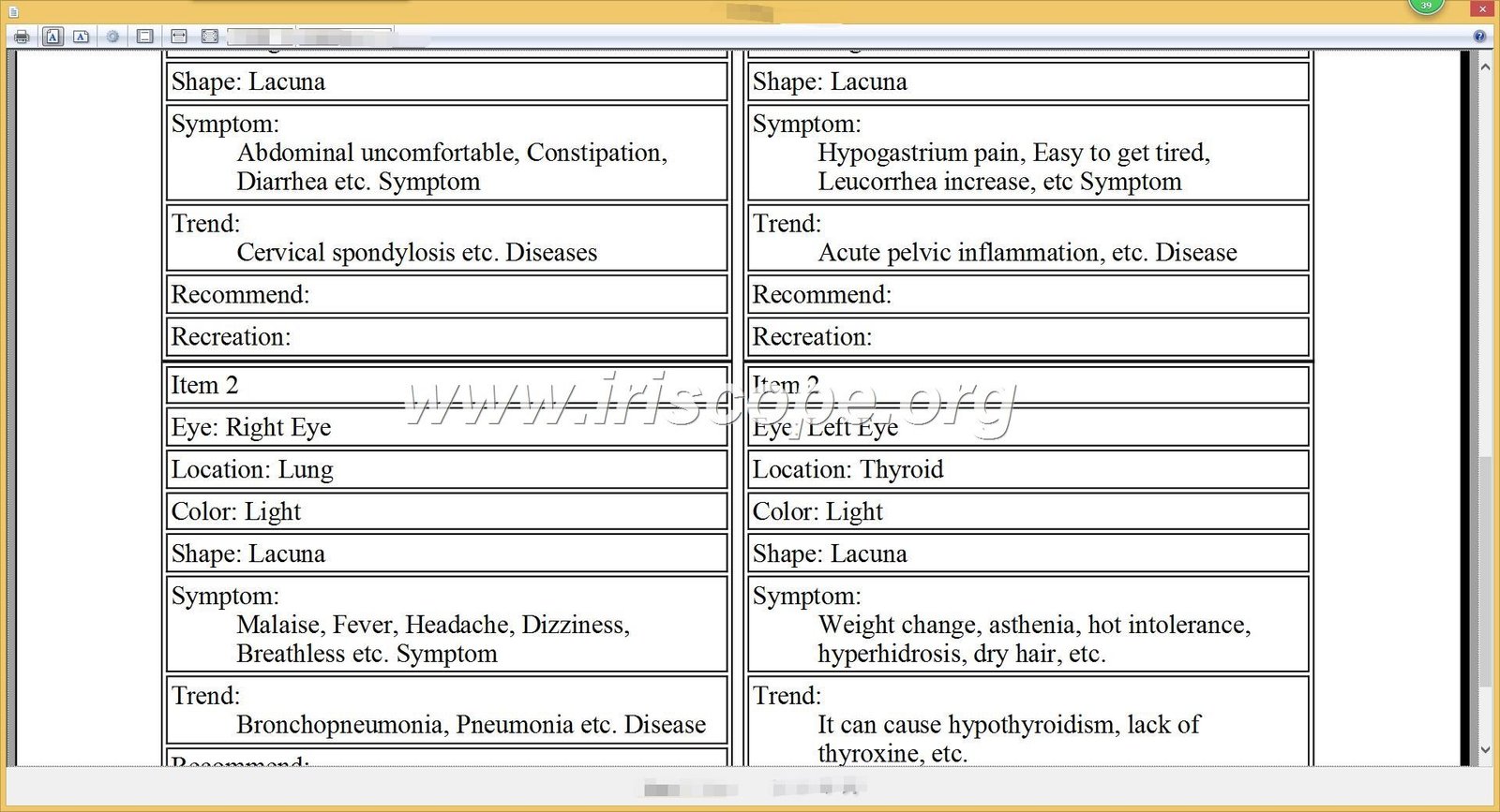 Iridology software report generation interface