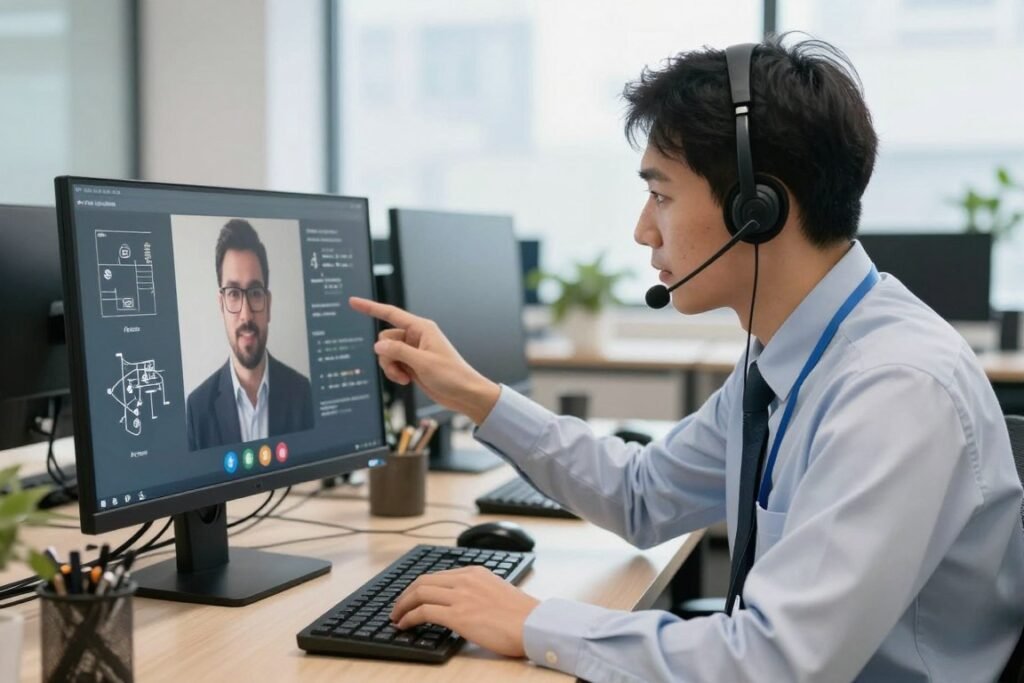 Technical support team assisting customer via video call