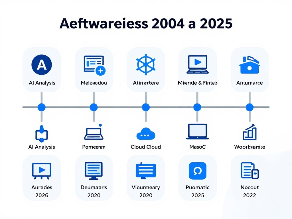 Timeline infographic showing MAIKONG software evolution from 2004 to 2025 with major feature additions
