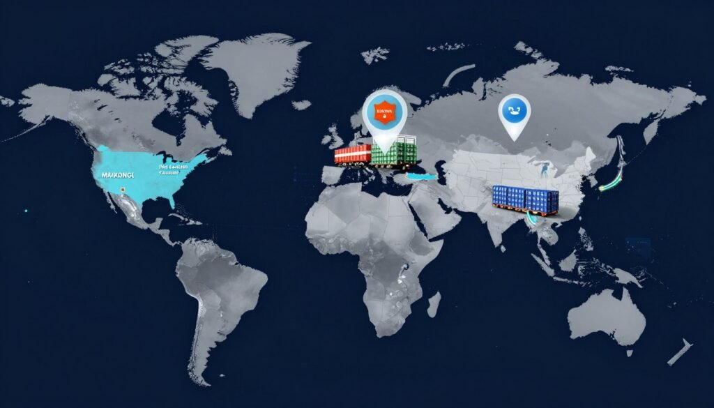 World map showing MAIKONG distribution network with warehouses in China and USA