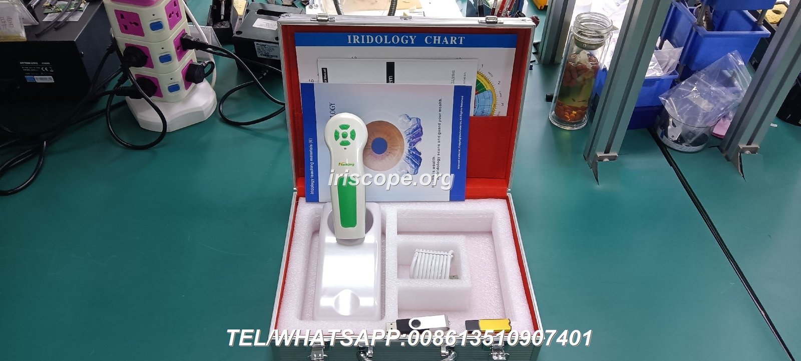 Iridology camera with specialized lighting capturing iris photograph