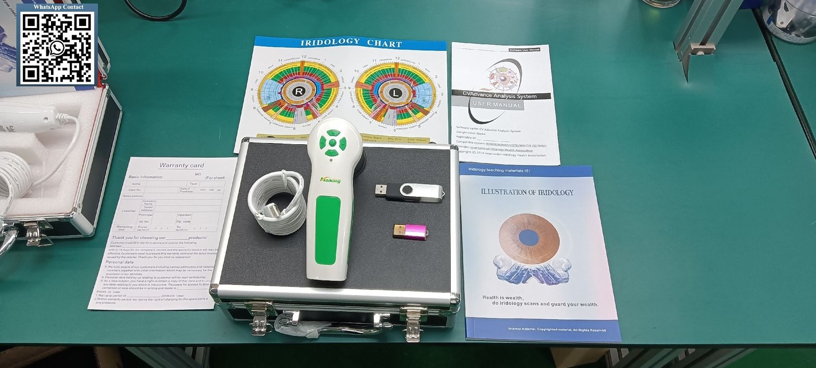 Iridology camera accessories and package contents laid out