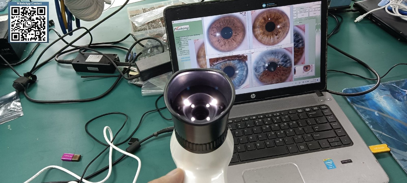 Close-up of iridology camera lens showing LED ring illumination system