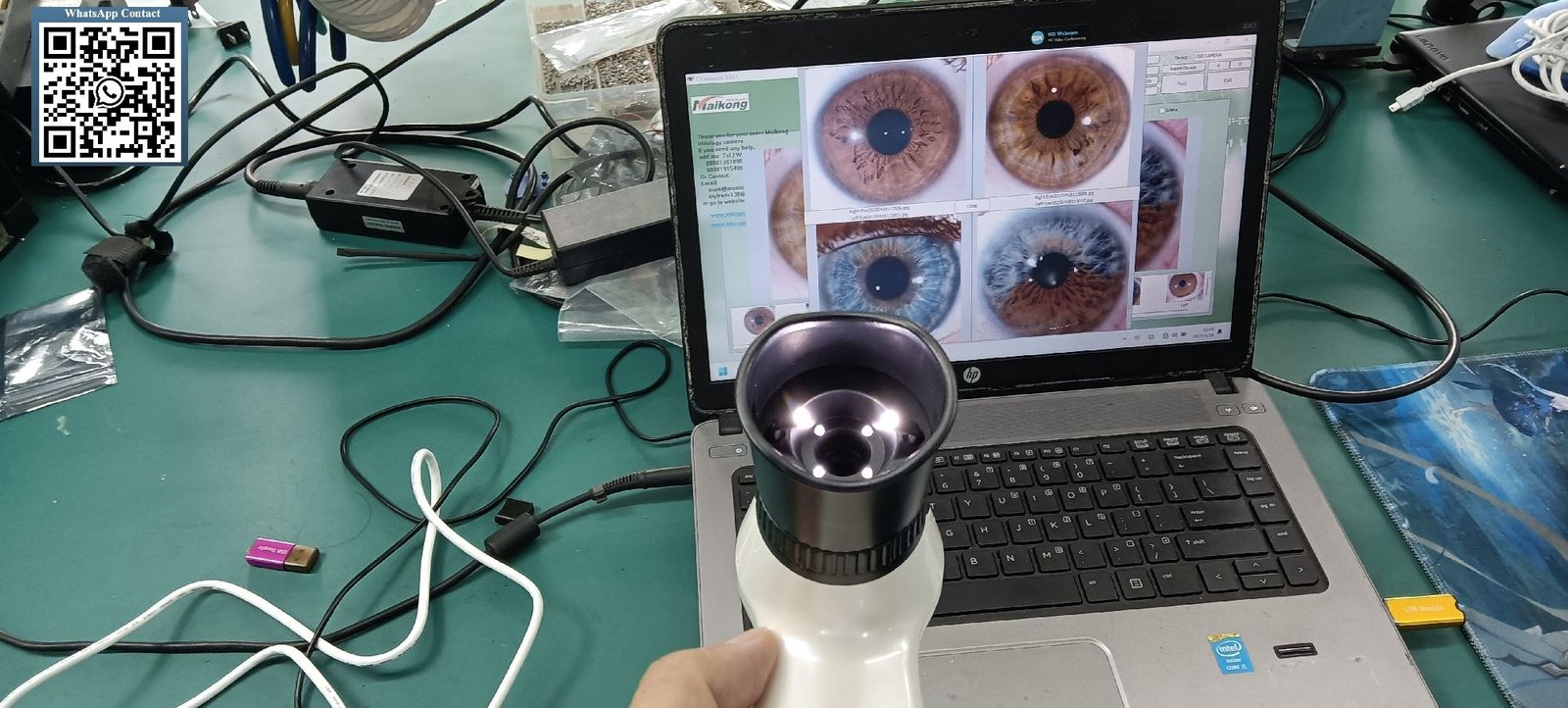 Close-up technical diagram of iridology camera lens showing LED illumination ring and 30X magnification optics