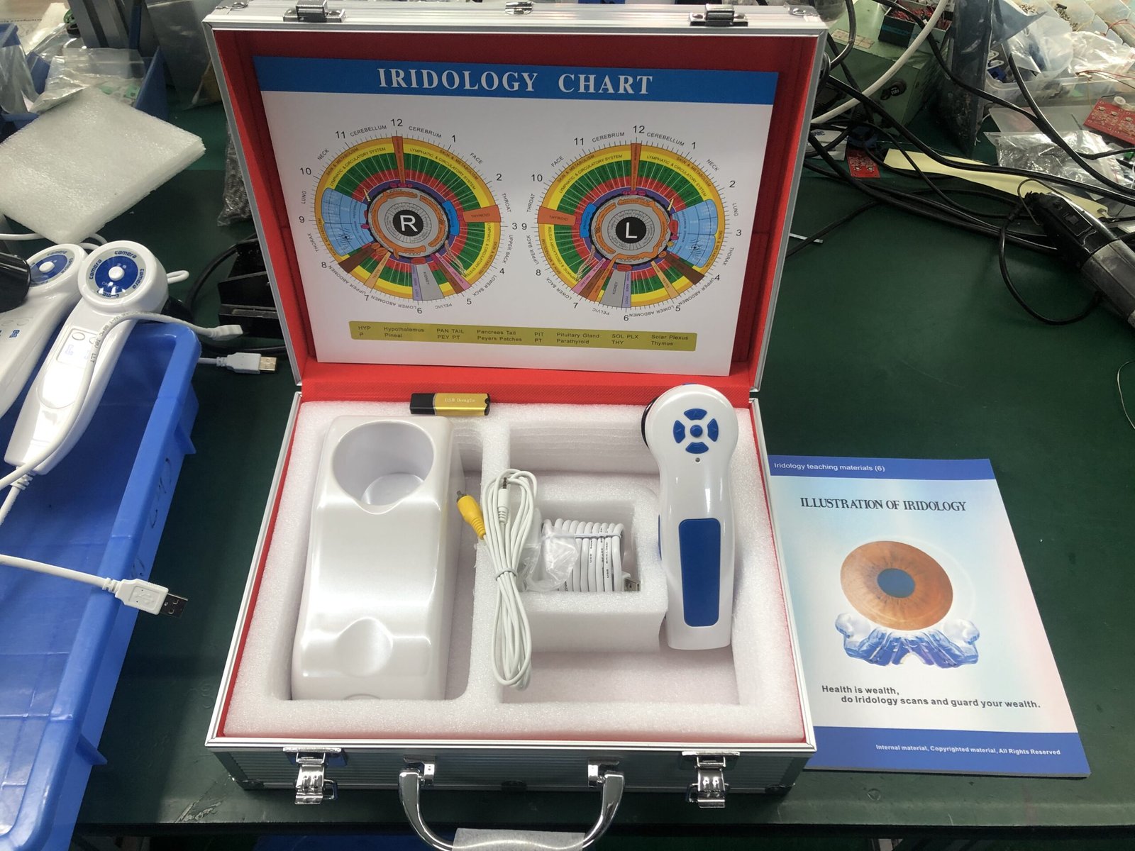 Professional pebble iridology camera setup in clinical environment