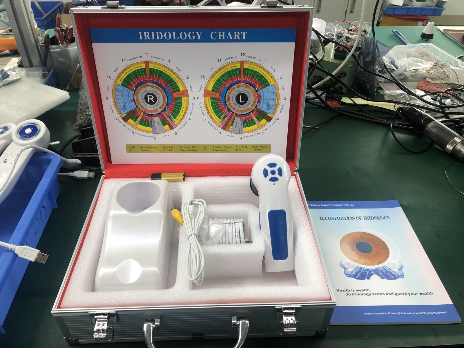Professional pebble iridology camera setup in clinical environment