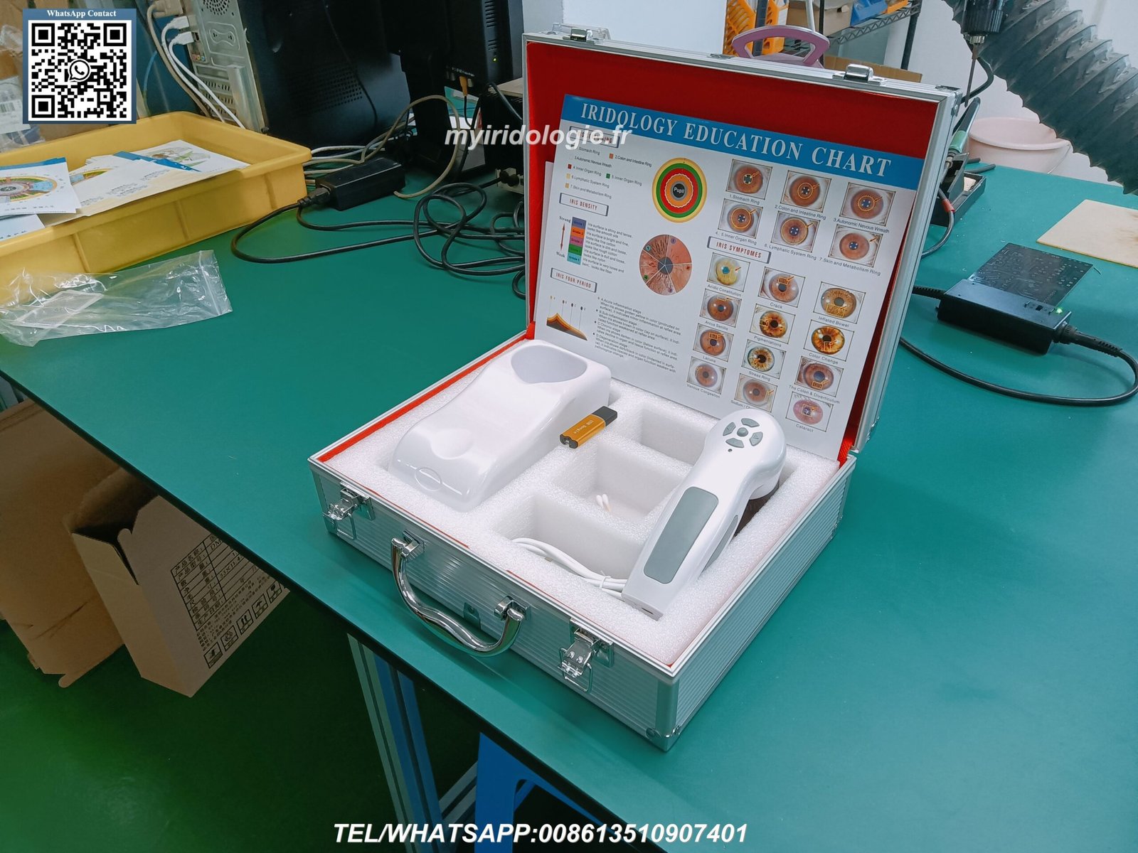 Modern iridology camera manufacturing facility with quality control workstations