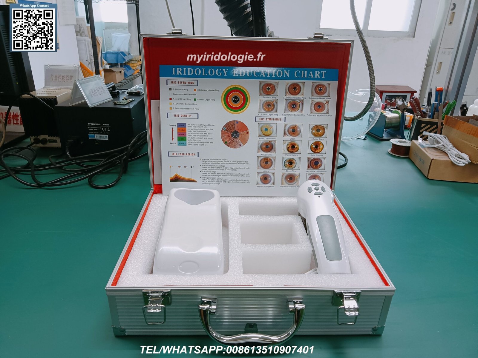 Close-up of MAIKONG iris camera optical lens assembly and quality testing equipment