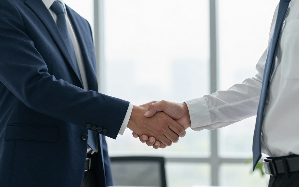 Business partnership handshake in professional office setting