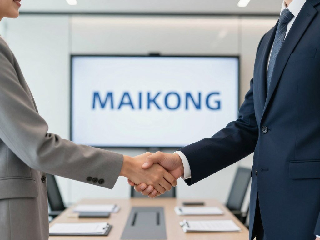Business partnership handshake with MAIKONG branding