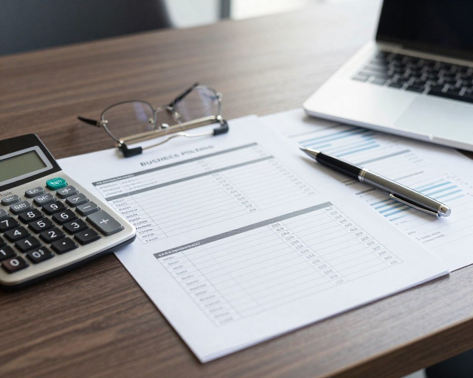 Business planning materials including calculator and budget sheets