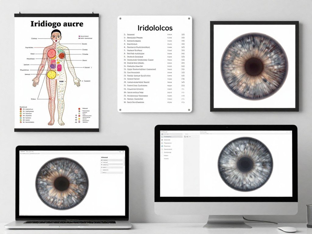 Collection of different iridology chart formats including printed and digital versions