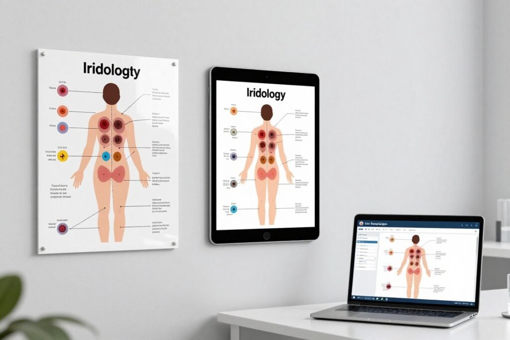 Collection of different iridology chart formats - printed, digital tablet, and software versions