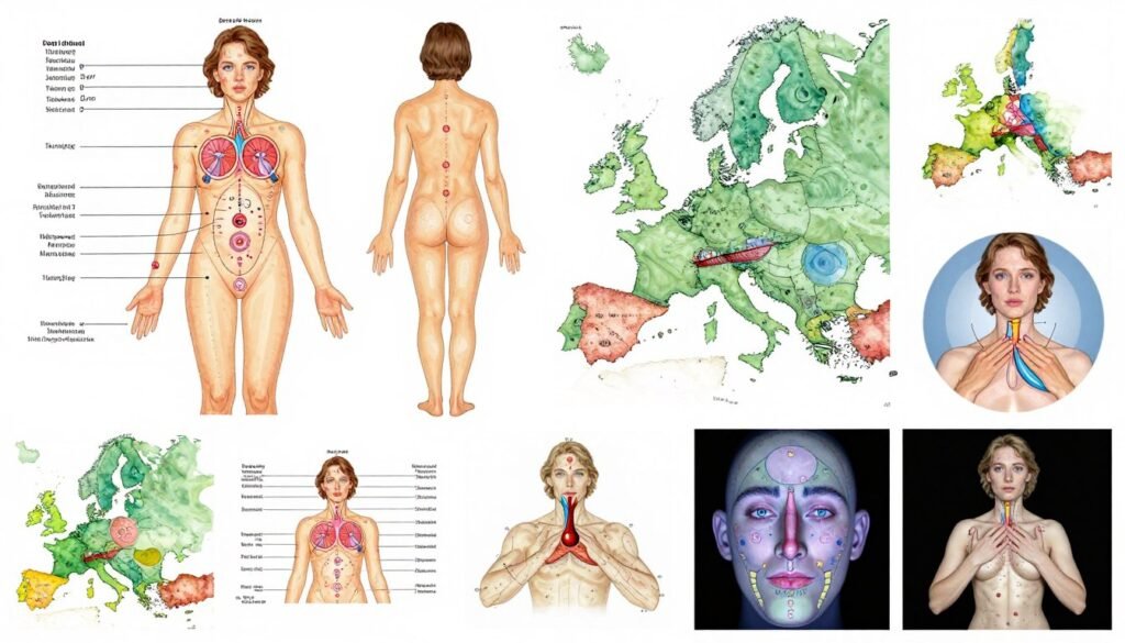 Collection of different iridology chart styles including Bernard Jensen and European versions