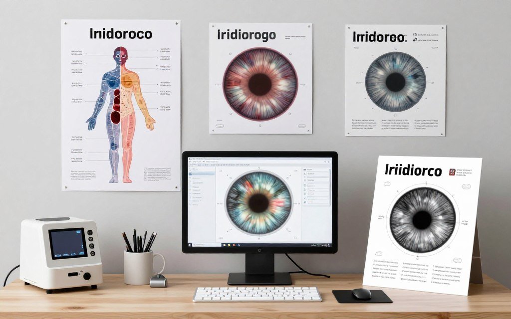 Collection of different iridology chart types showing printed, digital, and laminated formats