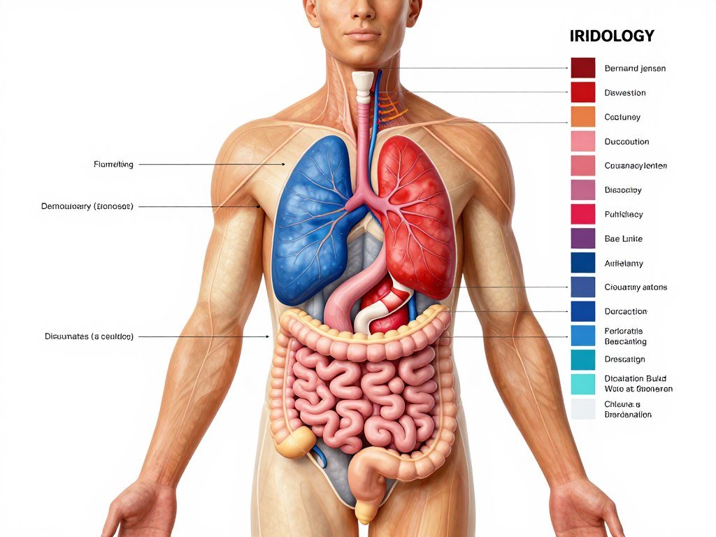 Color-coded bernard jensen iridology chart with body system color legend