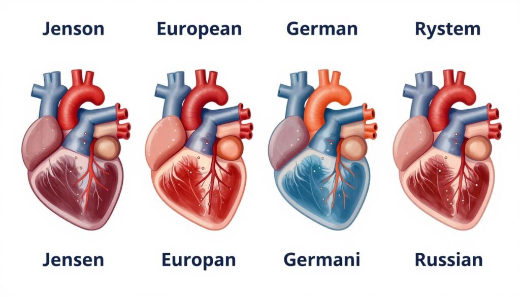 Comparison chart showing different iridology systems and their heart zone variations