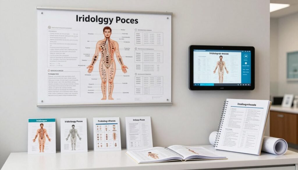 Comparison of different iridology chart formats including wall posters, digital displays, and printable resources