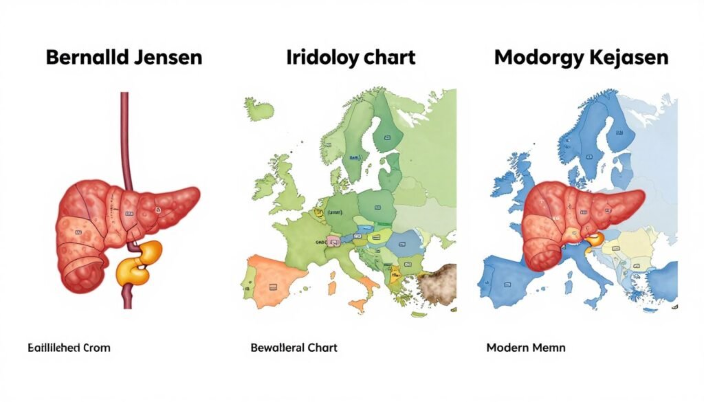 Comparison of three major iridology chart systems showing gallbladder zone variations
