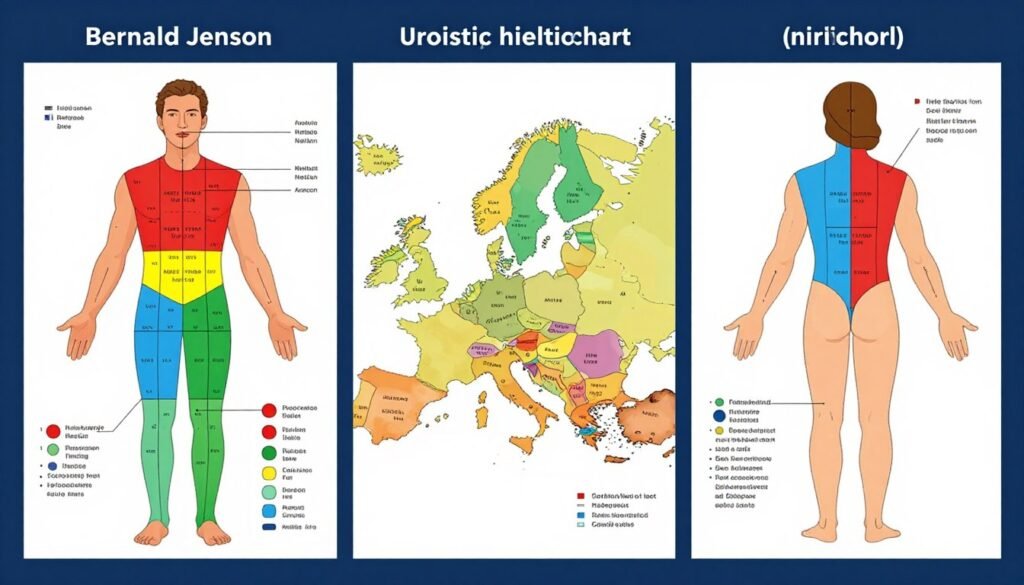 Comparison of various iridology chart types including Bernard Jensen and holistic charts