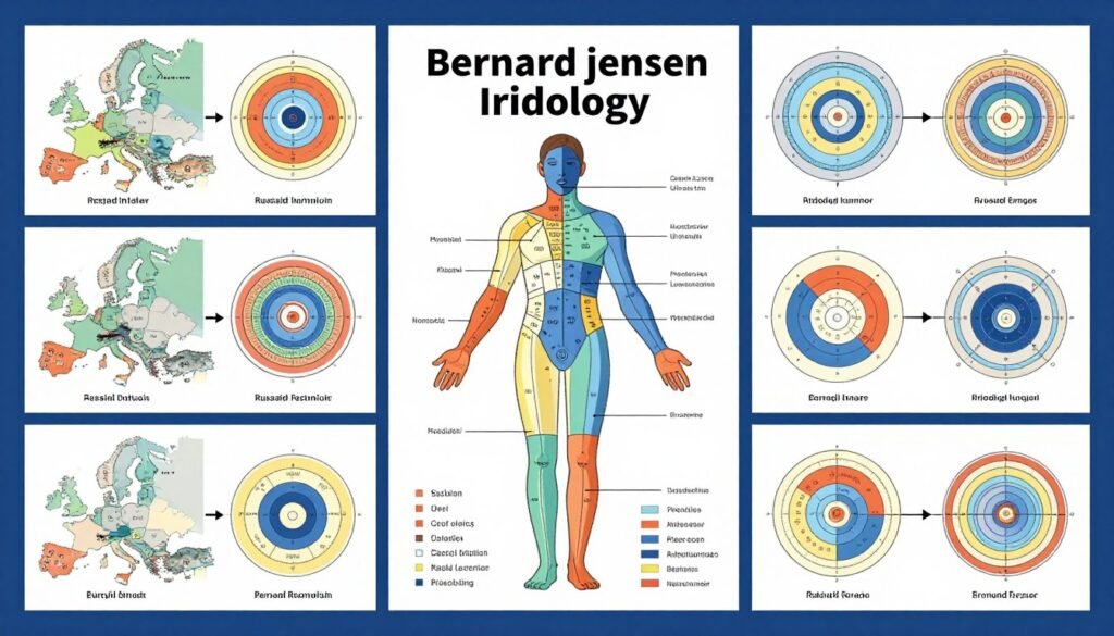Comparison showing bernard jensen chart alongside other iridology chart systems
