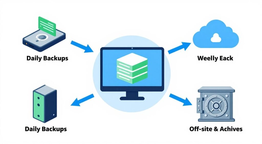 Diagram showing comprehensive backup strategy with arrows connecting local computer to external drive, cloud storage, and off-site archive locations Diagram showing comprehensive backup strategy with arrows connecting local computer to external drive, cloud storage, and off-site archive locations