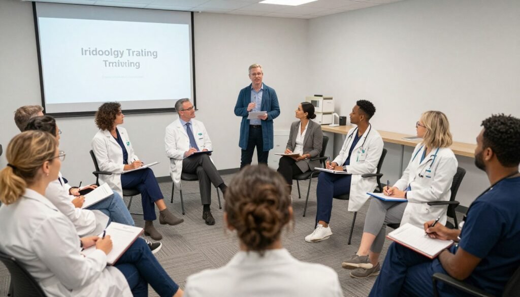 Diverse group of iridology practitioners in training session