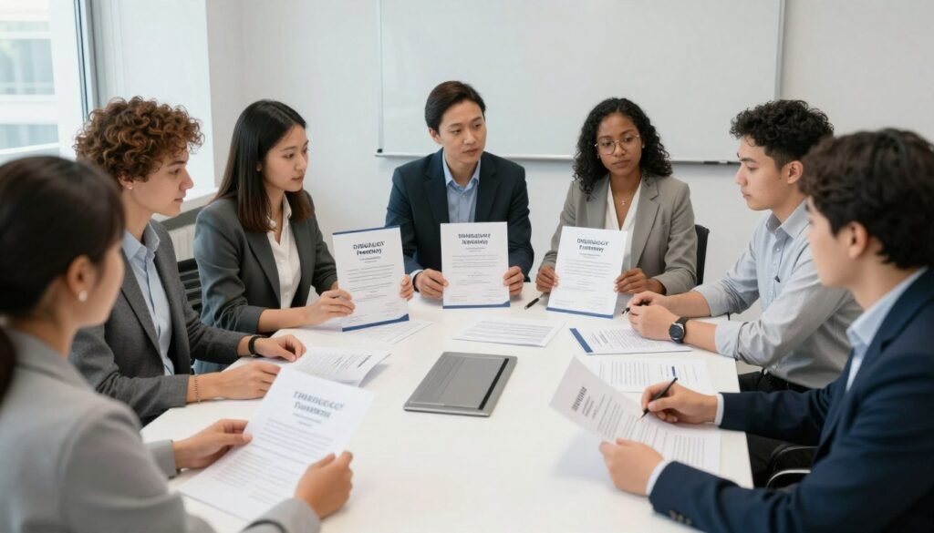 Diverse group of students reviewing iridology certification documents and course materials