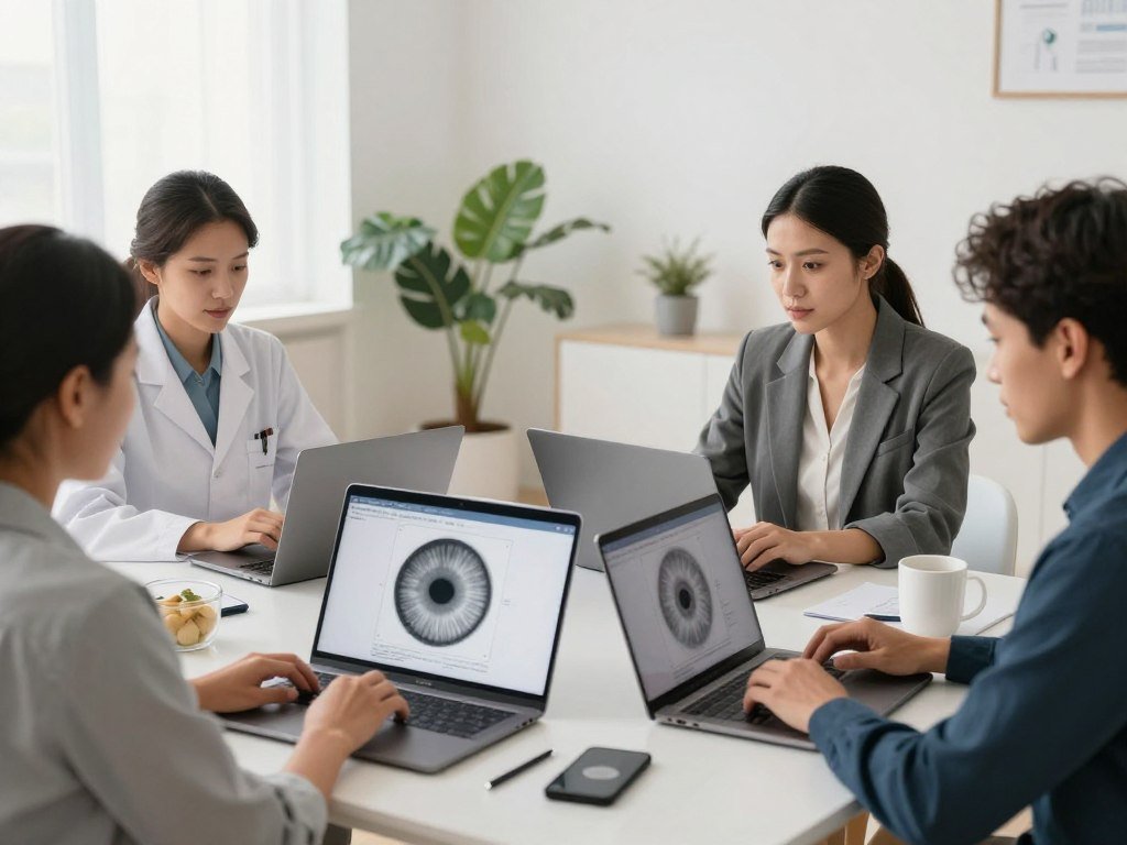 Diverse healthcare professionals studying iridology online with laptops and iris analysis materials