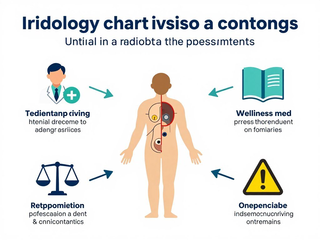 Educational diagram explaining the complementary nature of iridology charts with traditional healthcare