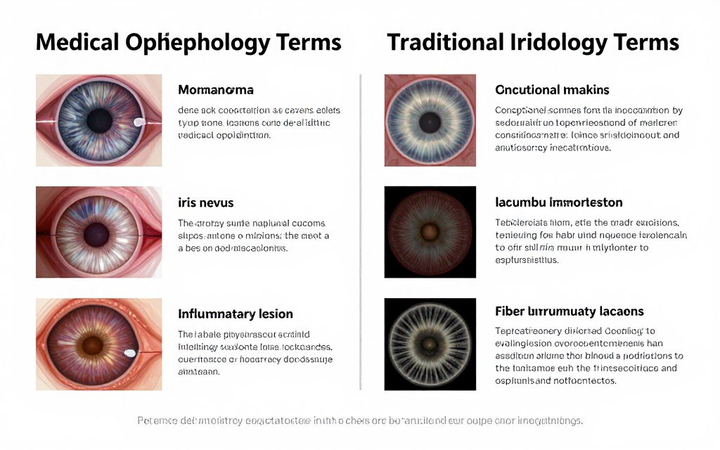 Educational diagram showing clear visual distinction between medical iris pathology terminology and traditional iridology constitutional terminology