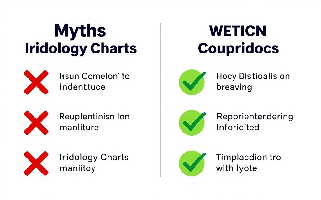 Educational infographic showing common iridology chart misconceptions versus facts