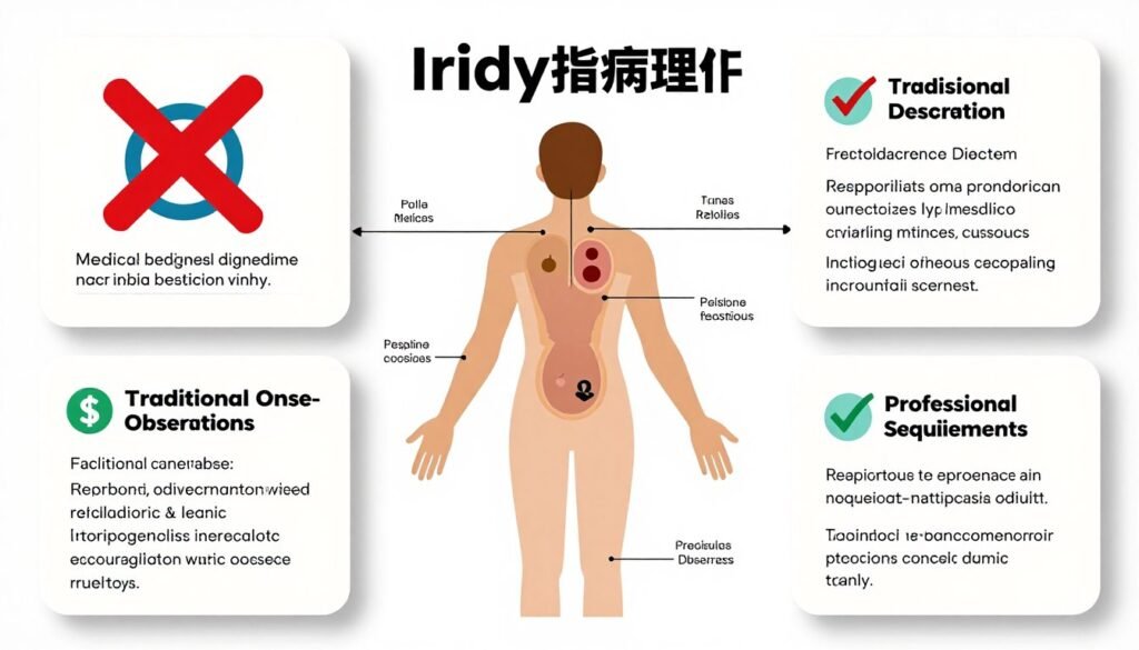 Educational infographic showing iridology chart limitations and proper use context