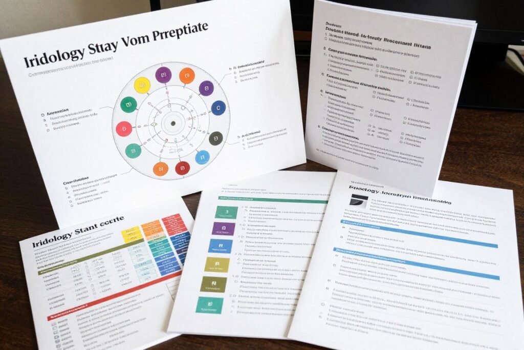 Educational study materials showing iridology charts with interpretation guides
