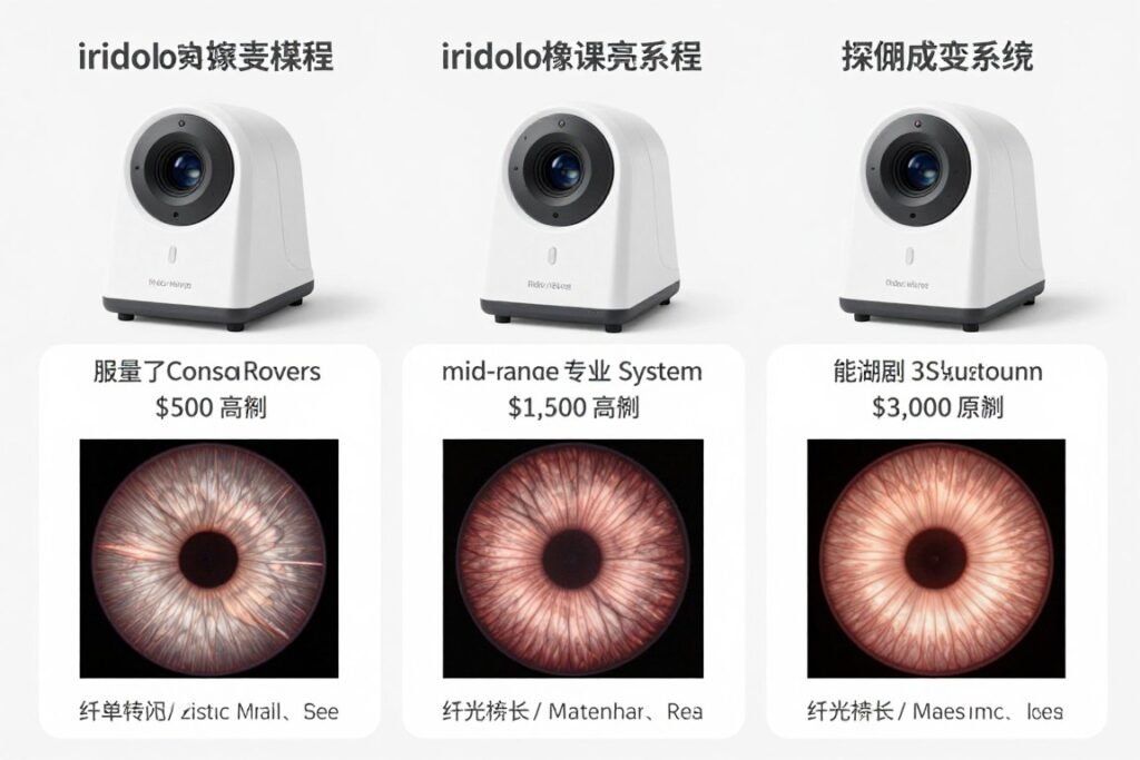Equipment comparison showing different quality levels of iridology cameras with sample images demonstrating resolution and detail differences