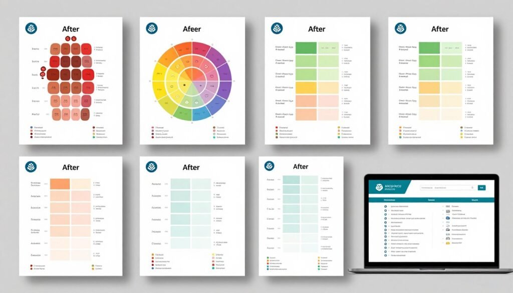Examples of customized branded iridology charts with practice logos and personalized layouts