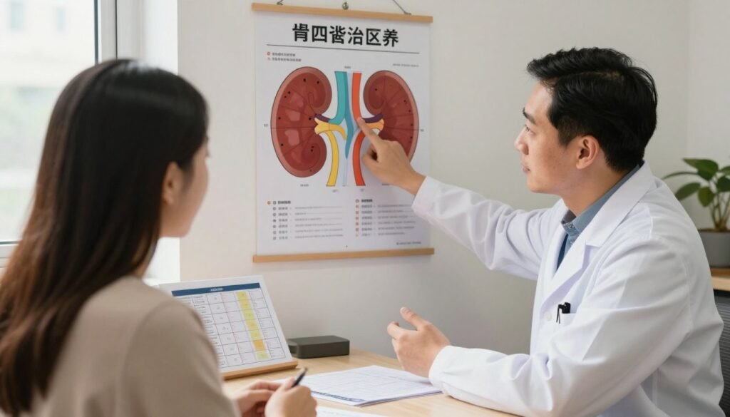 FAQ concept illustration showing practitioner answering client questions about kidney chart with visual aids and educational materials