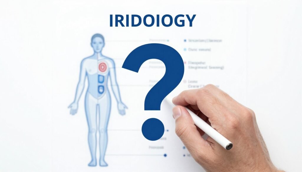 FAQ concept image with iridology chart and question mark symbols