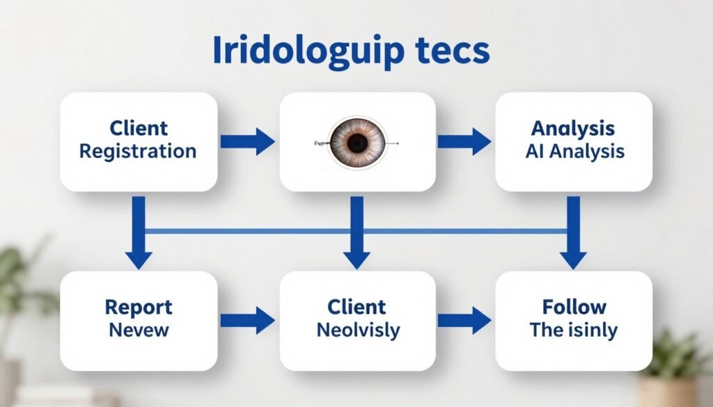 Flowchart diagram showing iridology software workflow from client check-in to report delivery